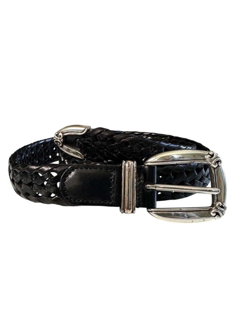 Vintage Y2K Fossil Black Braided Leather Belt Womens Small Silver Buckle